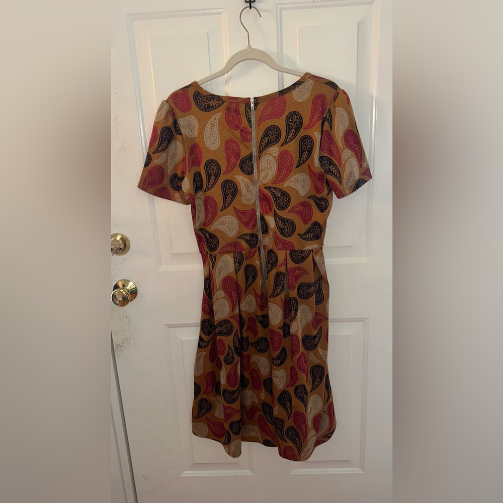 LuLaRoe Amelia Mustard Paisley Midi Dress with Red and Black Motif - Picture 2 of 3